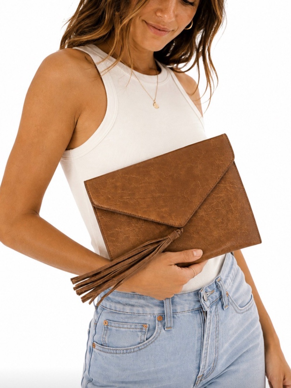 Charleston Bags Camel Tan Genuine Leather Tassel Envelope Clutch Handbag Western